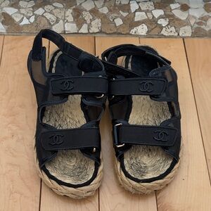 CHANEL Black and Tan Espadrille Sandals